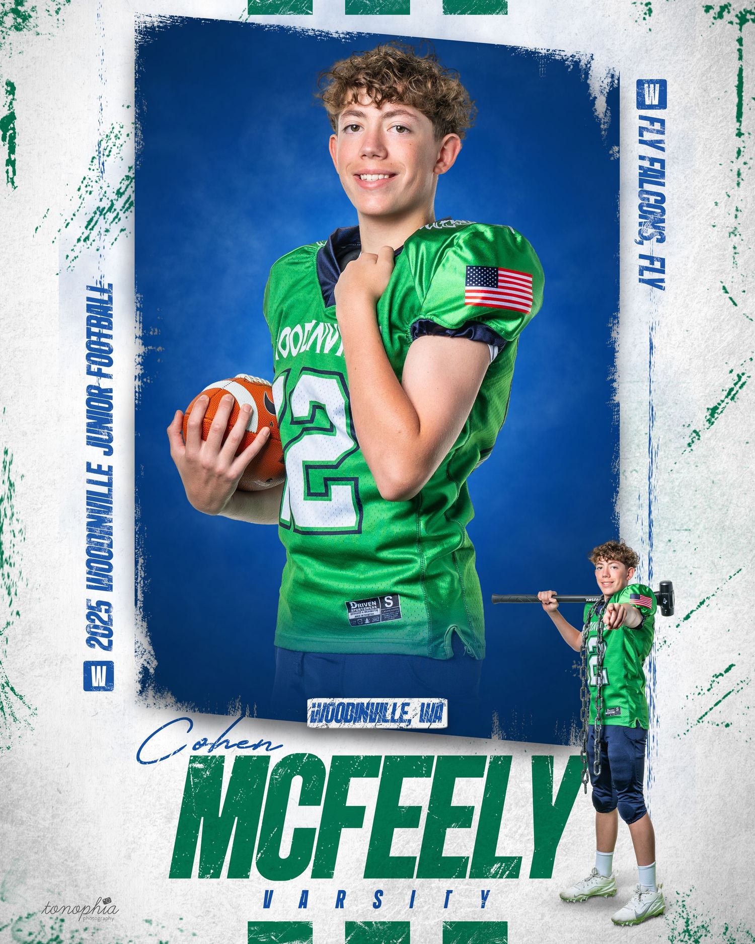 Youth football player in green jersey poses with ball against blue backdrop for sports portrait.