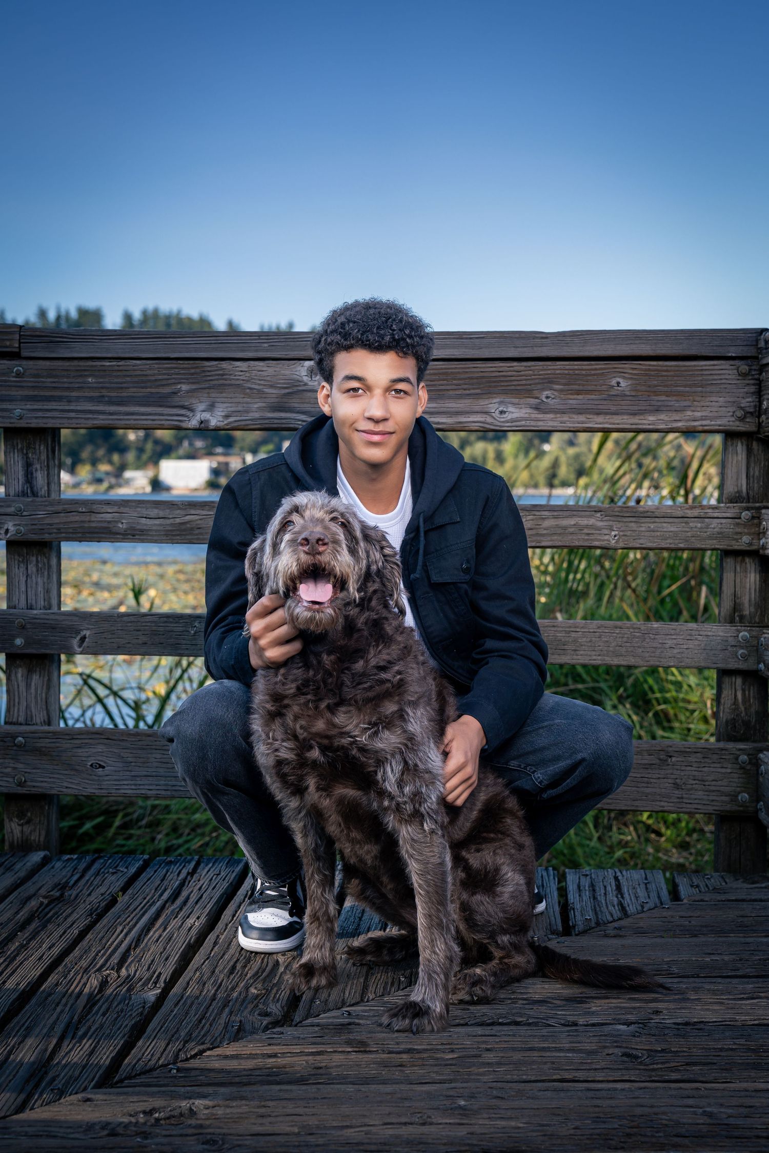 A chocolate brown dog sits on a wooden deck with its companion on a sunny afternoon.