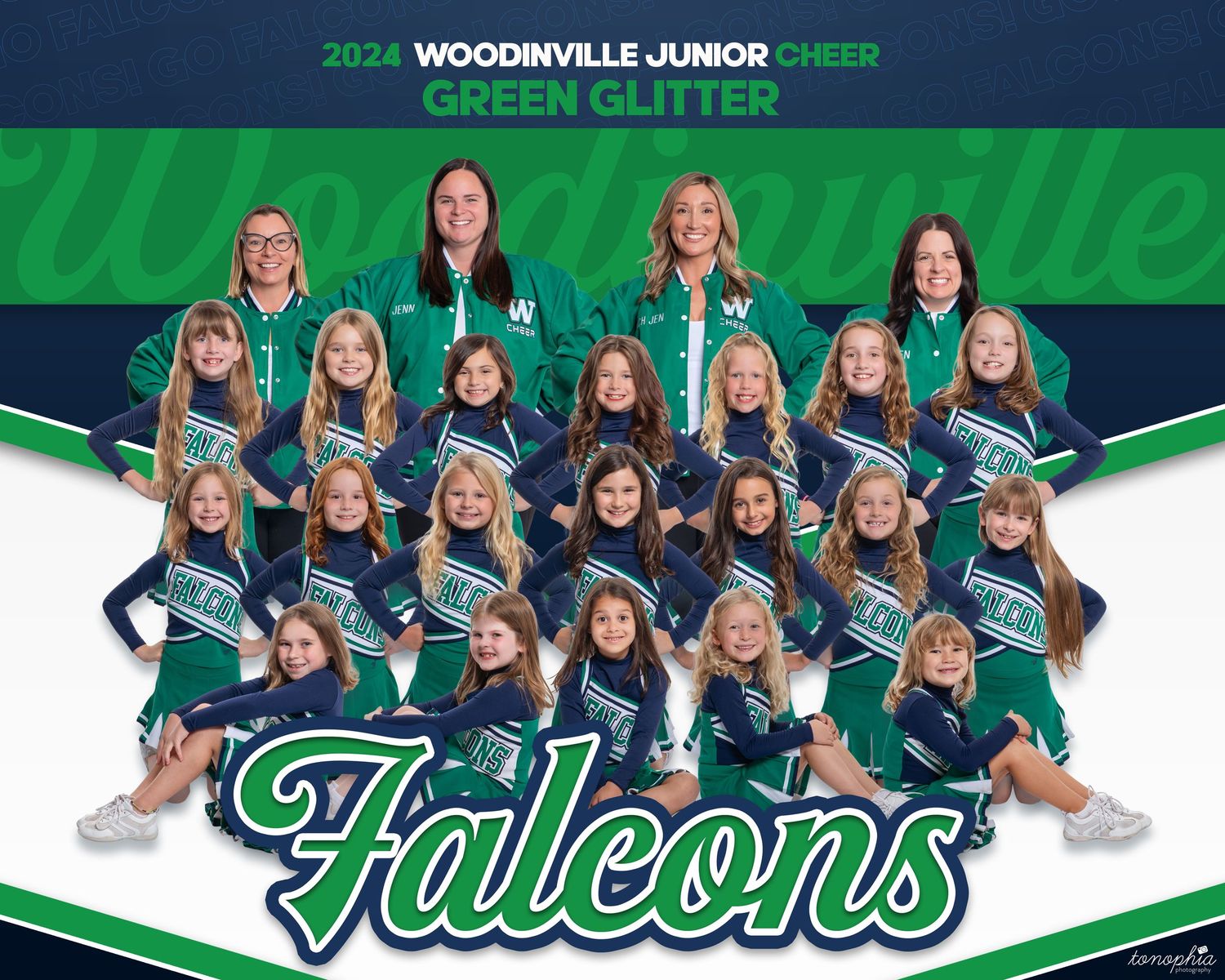 Cheerleading team banner design featuring green and navy Falcons branding.