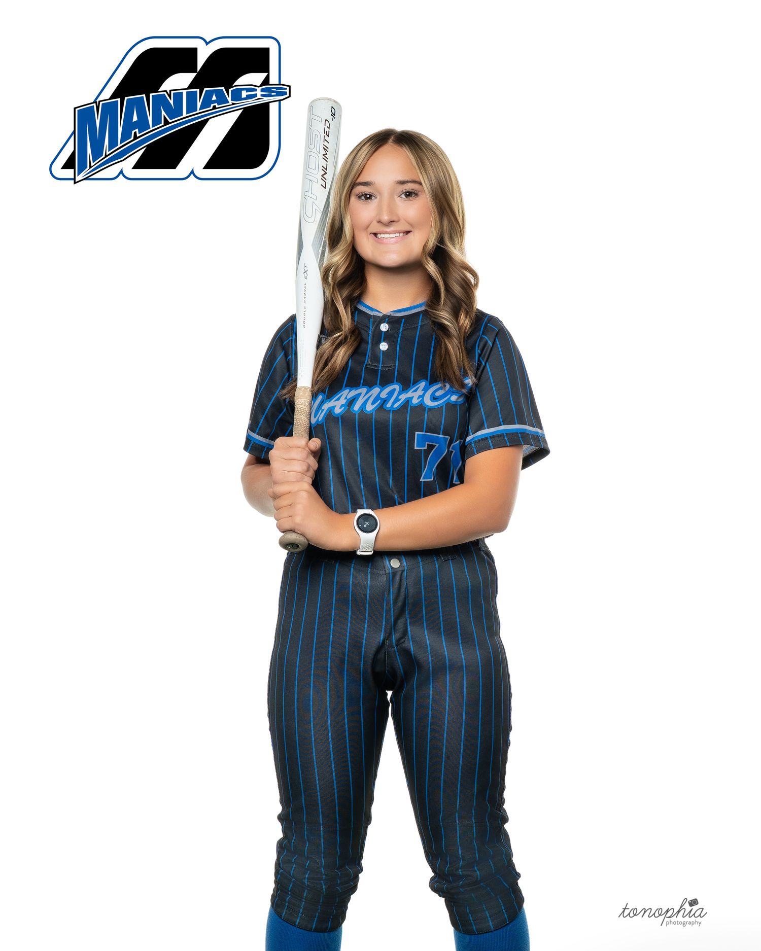 Softball player in navy pinstripe uniform shown in multiple poses against white background.