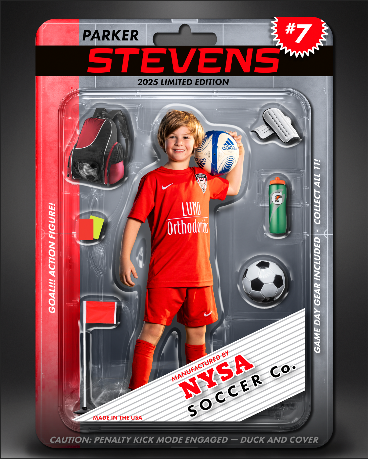 Action figure style product packaging mockup featuring soccer player in red uniform.