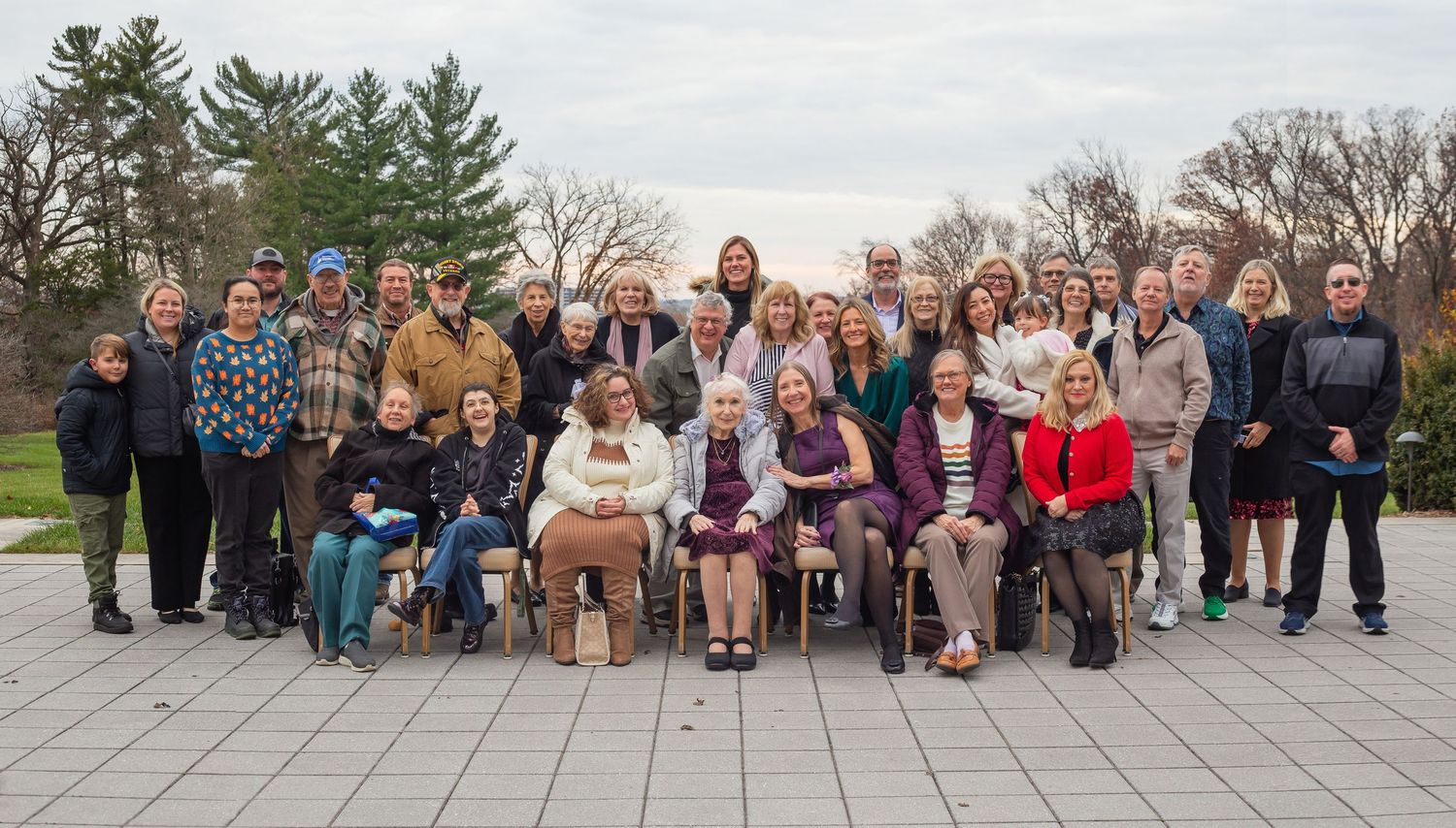 A series of five group photos arranged horizontally showing people gathered outdoors and indoors for formal occasions.