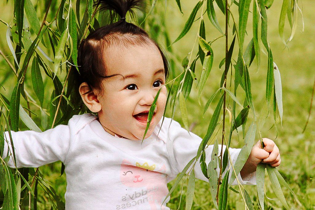 Child playing joyfully under drooping willow tree branches in a sunny garden setting.