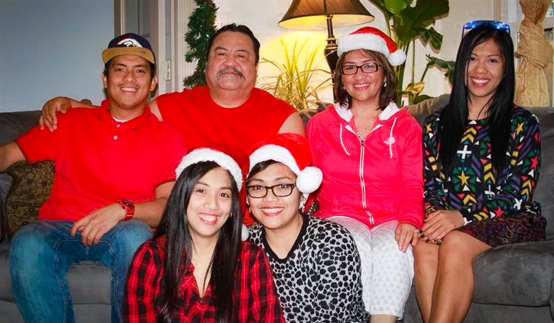 A collage of holiday photos showing people in festive red and winter attire gathered together indoors.