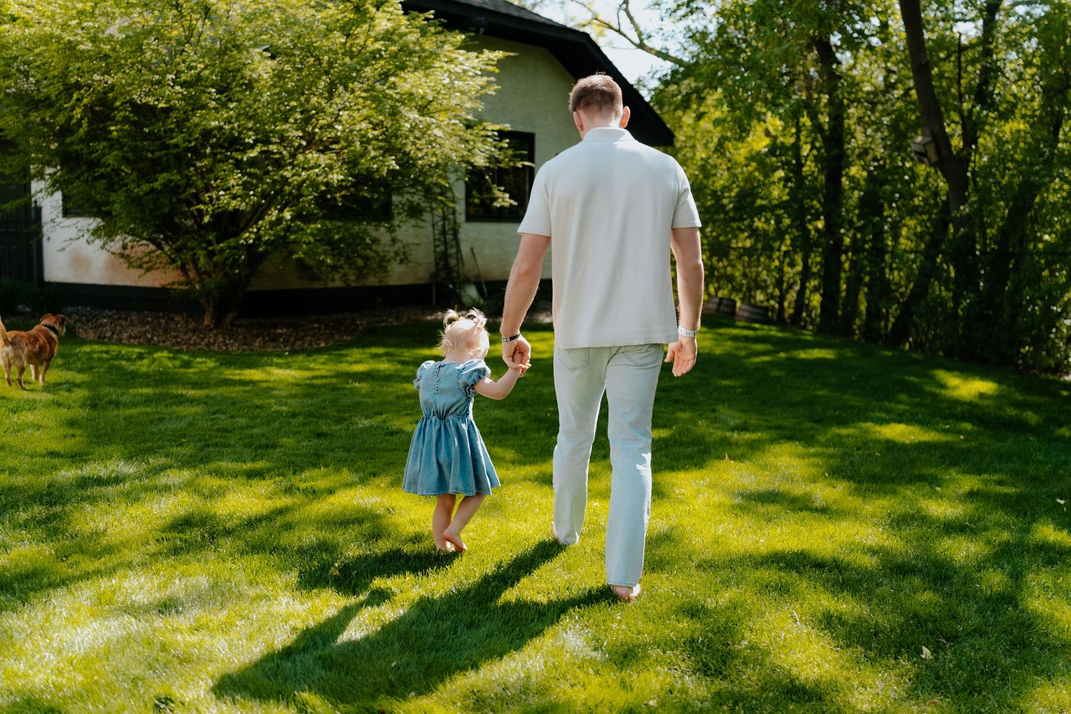 A father and young daughter hold hands walking across a sunny green lawn near a house surrounded by lush trees.