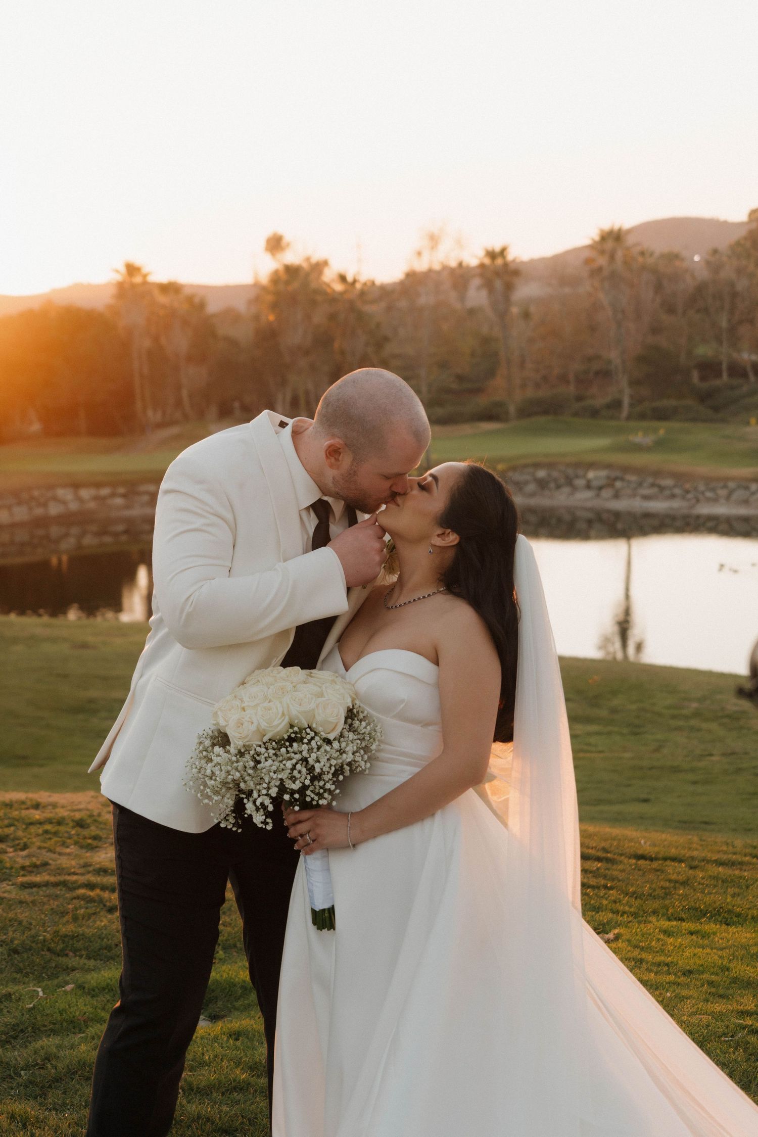 A romantic sunset wedding moment captured in three photos showing a couple kissing while holding a bouquet of baby's breath.