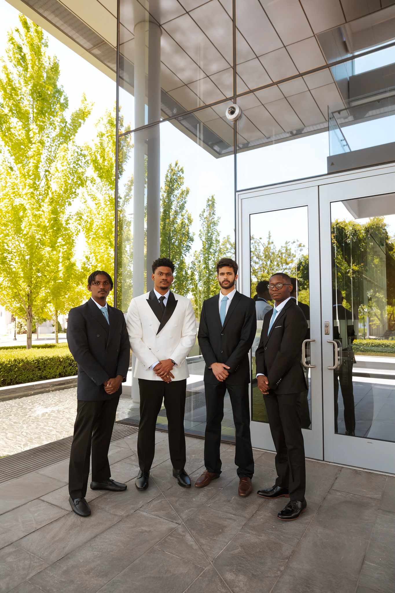 Groom in white tuxedo poses with three groomsmen in black suits outside a modern building.