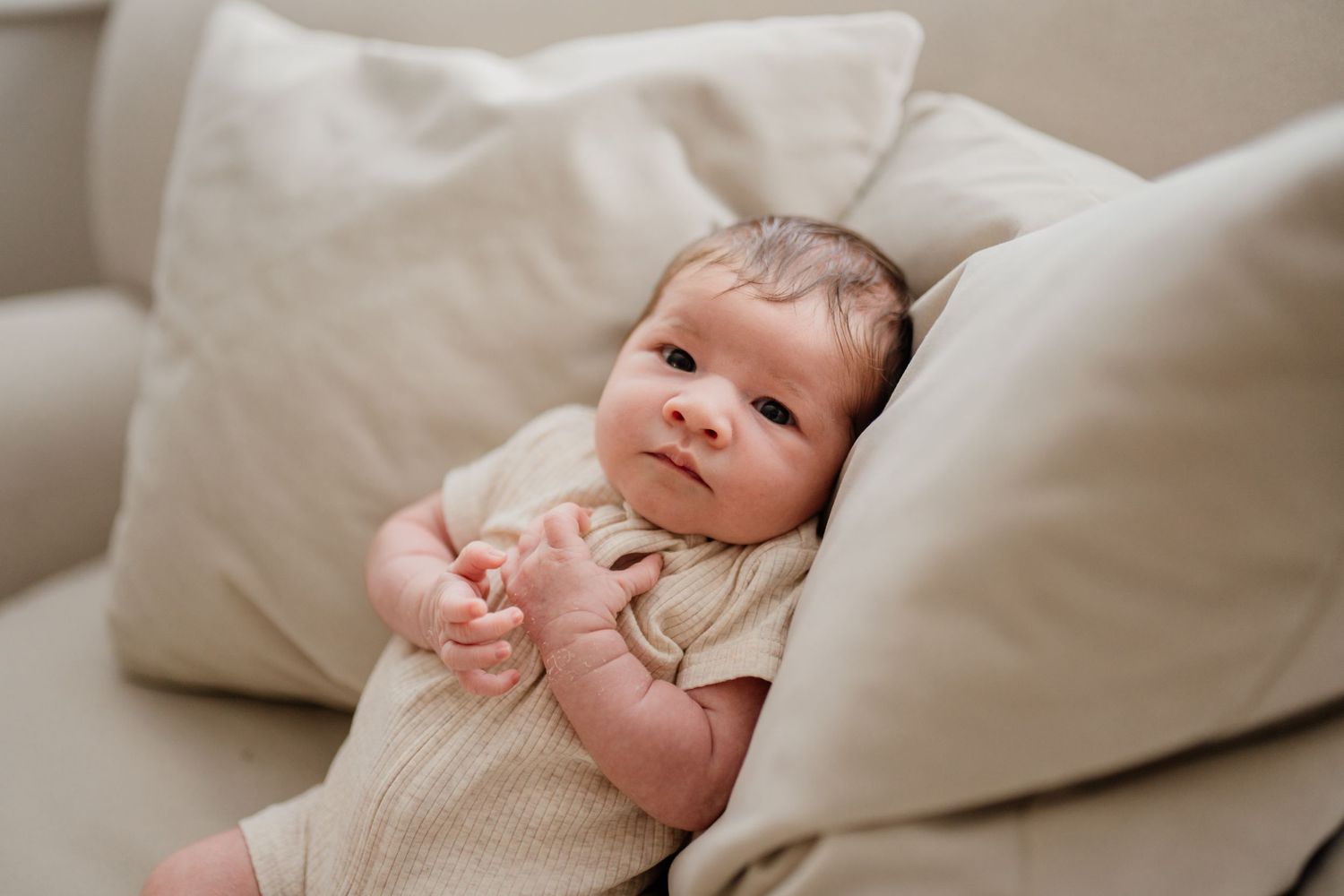 Newborn baby resting on soft white bedding in natural light.