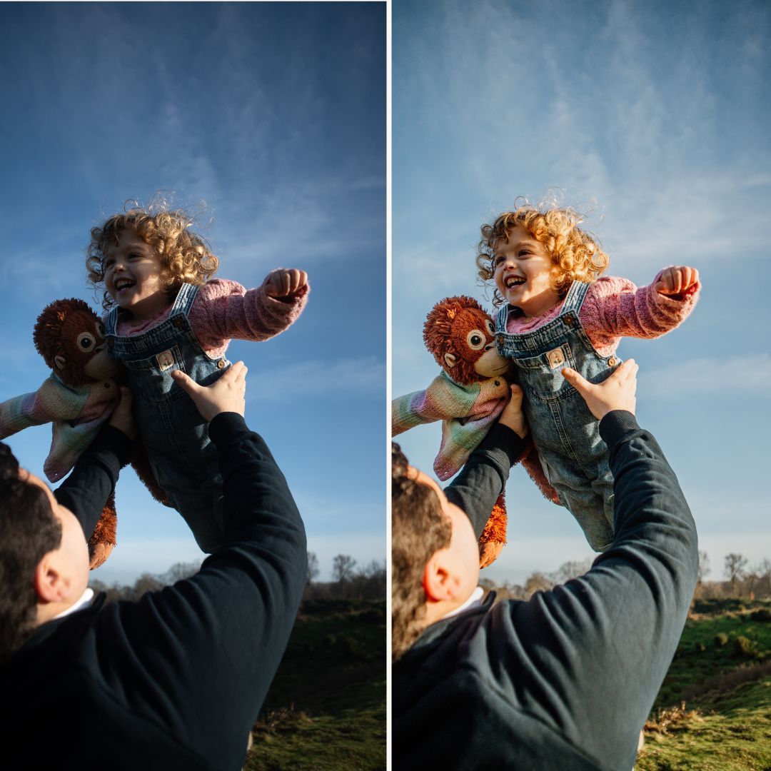 Action sequence showing a person drinking from a large bottle against a blue sky background.