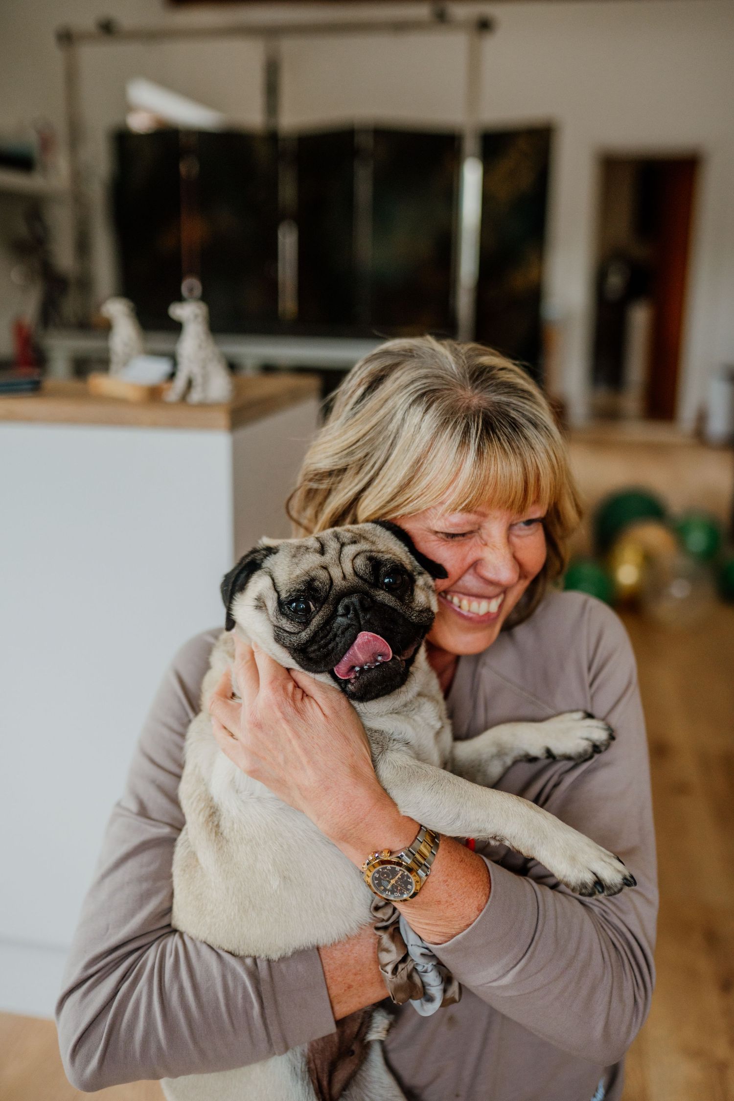 Person cuddling and playing with a happy pug dog indoors.