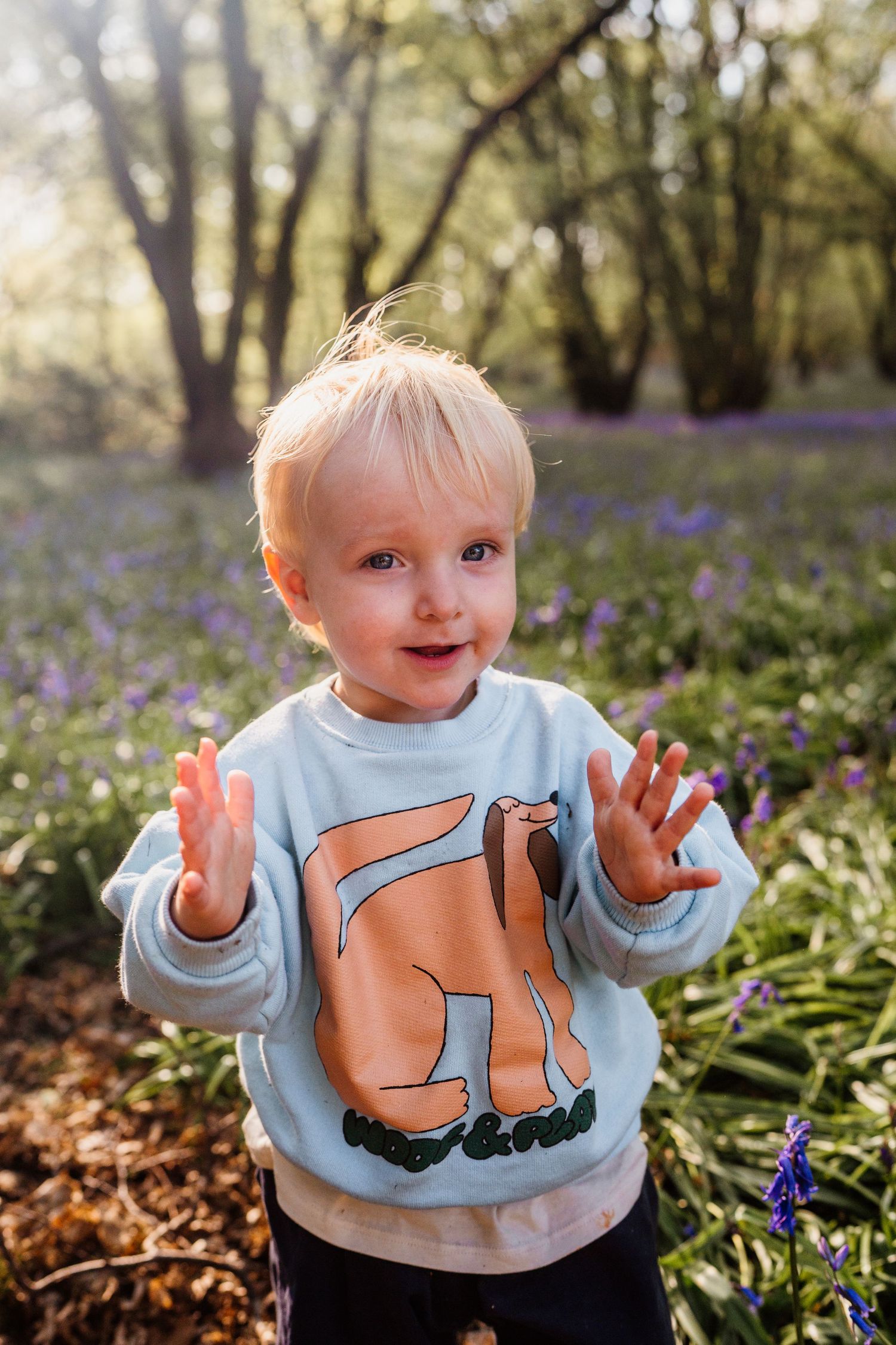 Toddler boy in a fox sweatshirt smiling in a bluebell forest with sunlight filtering through trees.