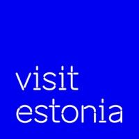 Blue background with white Visit Estonia text and branding.