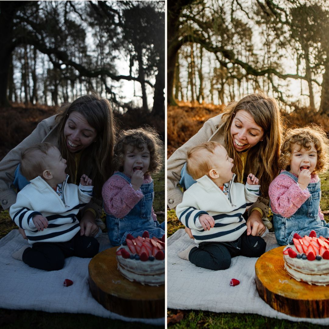 A series of photos showing people sitting together outdoors at sunset enjoying a birthday cake celebration in nature.
