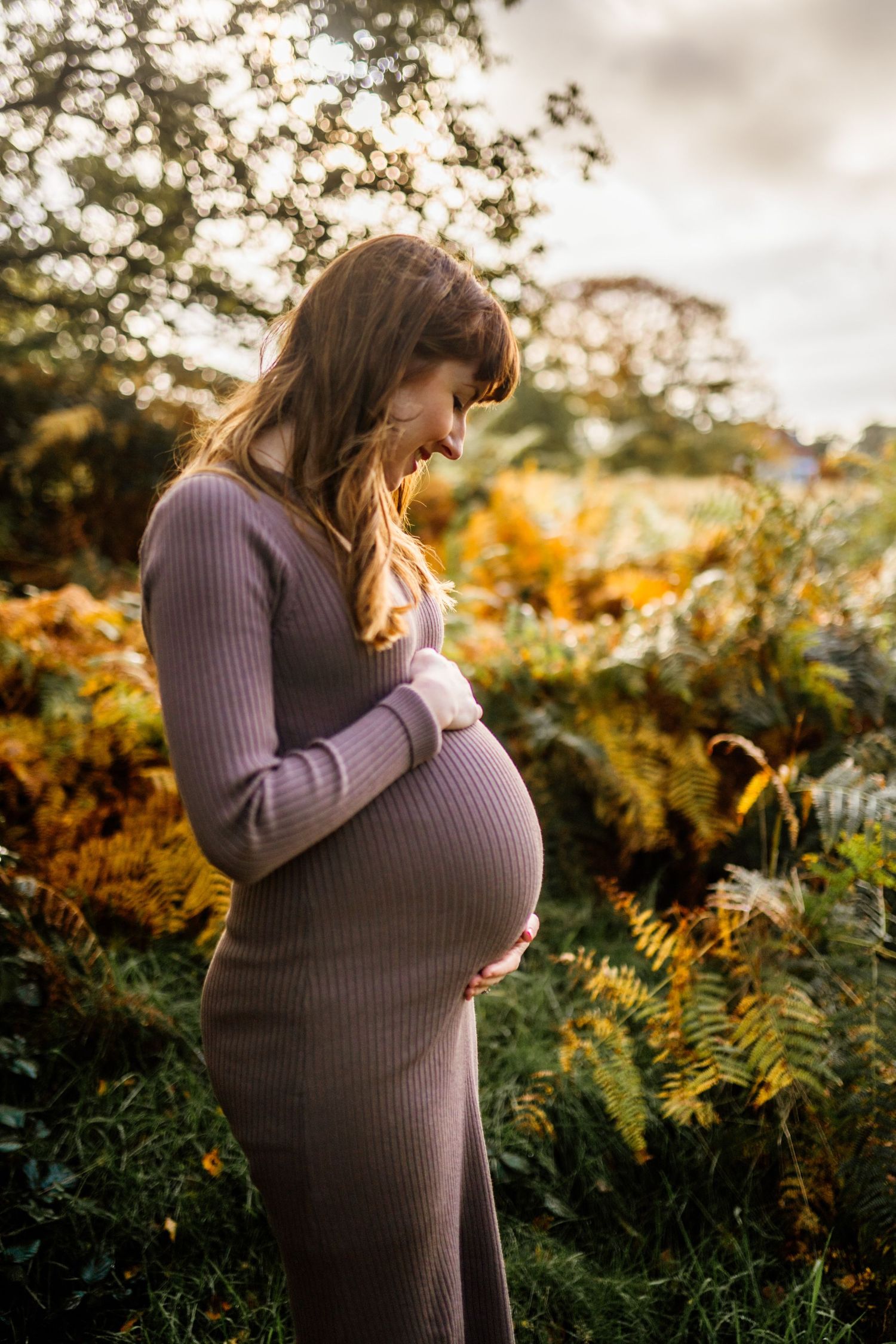 Maternity portraits in purple sweater against autumn foliage at golden hour.