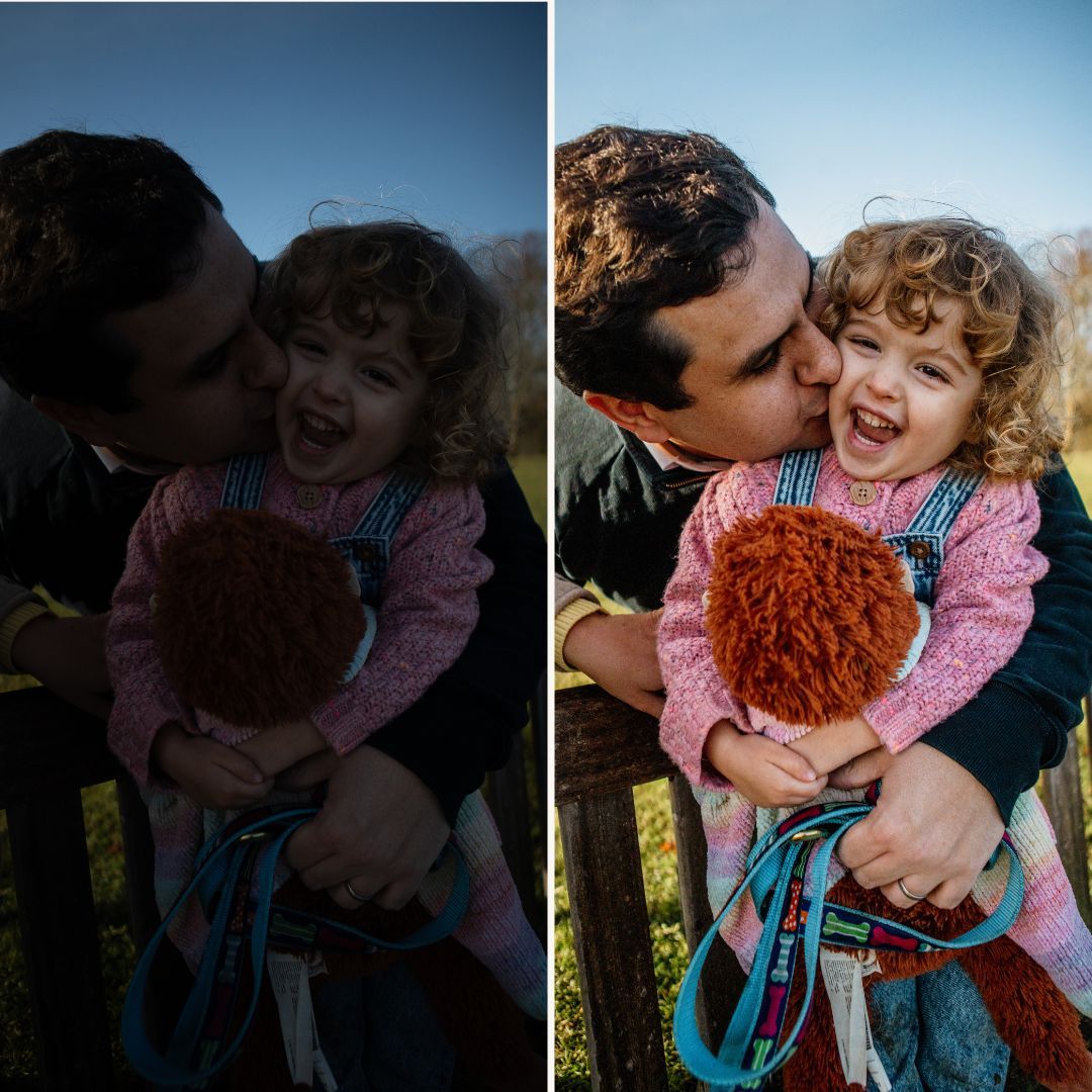 A sequence of intimate moments captured at sunset shows a couple embracing and sharing playful interactions outdoors.