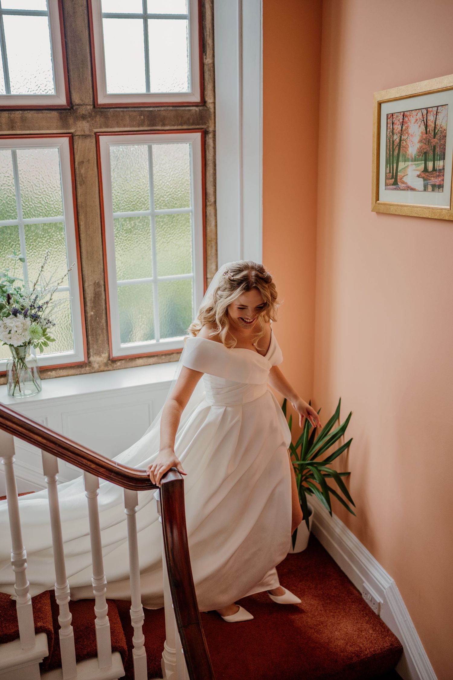 A sequence of photos showing someone in a white dress leaning against a window sill in a room with peach walls.
