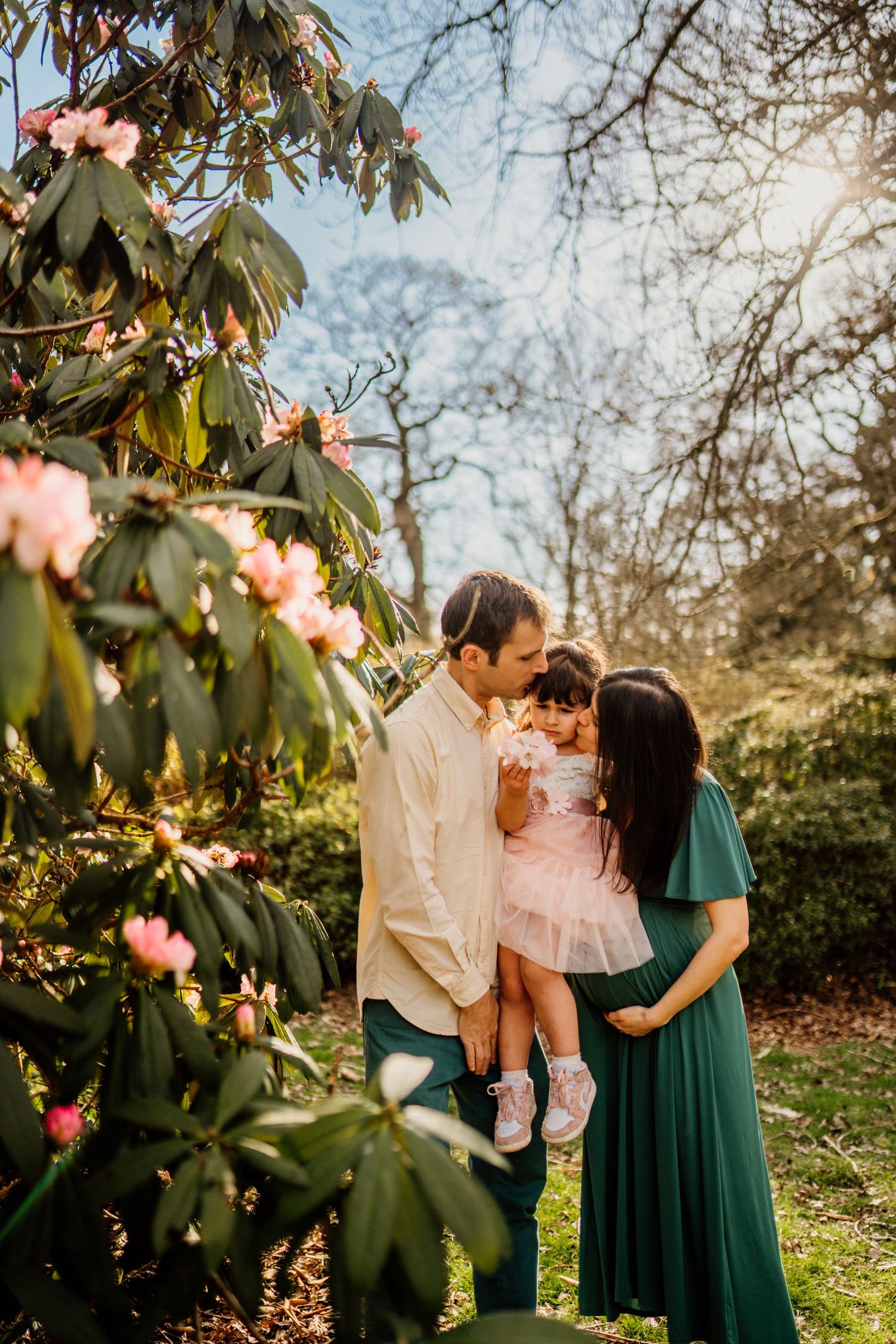A sweet embrace under blooming magnolia trees in springtime.