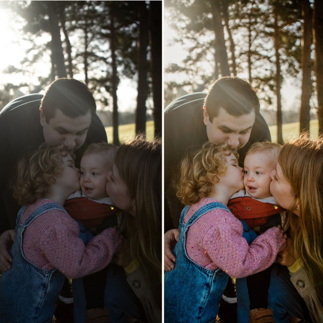 A couple shares tender moments together in a forest setting during golden hour as sunlight filters through the trees.