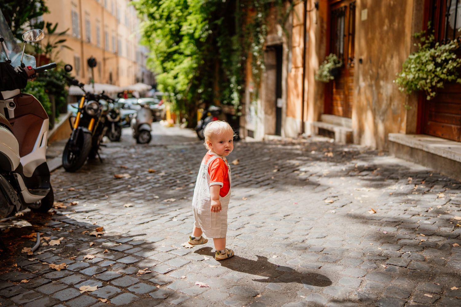 A narrow cobblestone street with rustic stone buildings and sunlight casting long shadows on the ground.