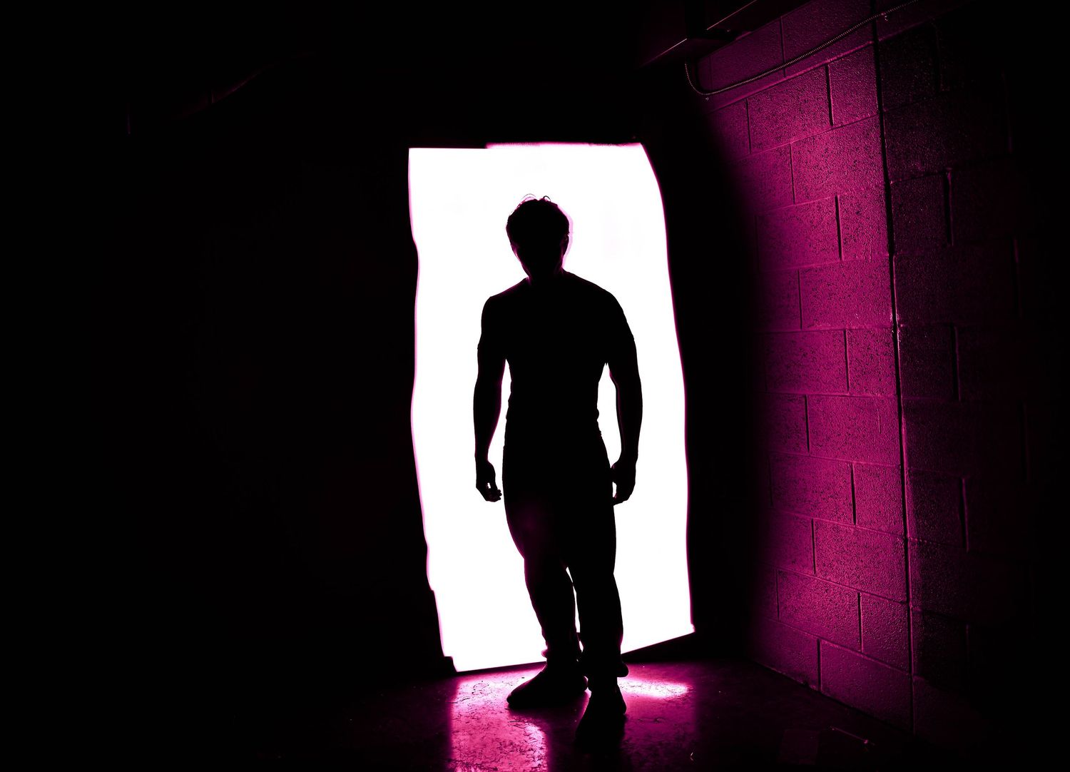Silhouetted figure standing in a doorway/portal with dramatic pink lighting.