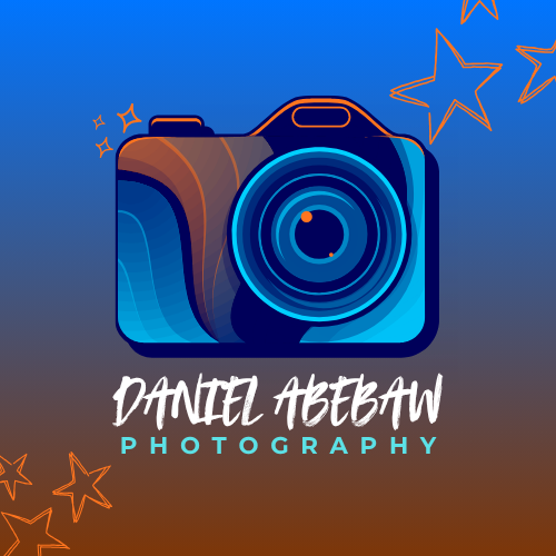 Photography logo design evolution showing camera icon transformations in blue gradient.