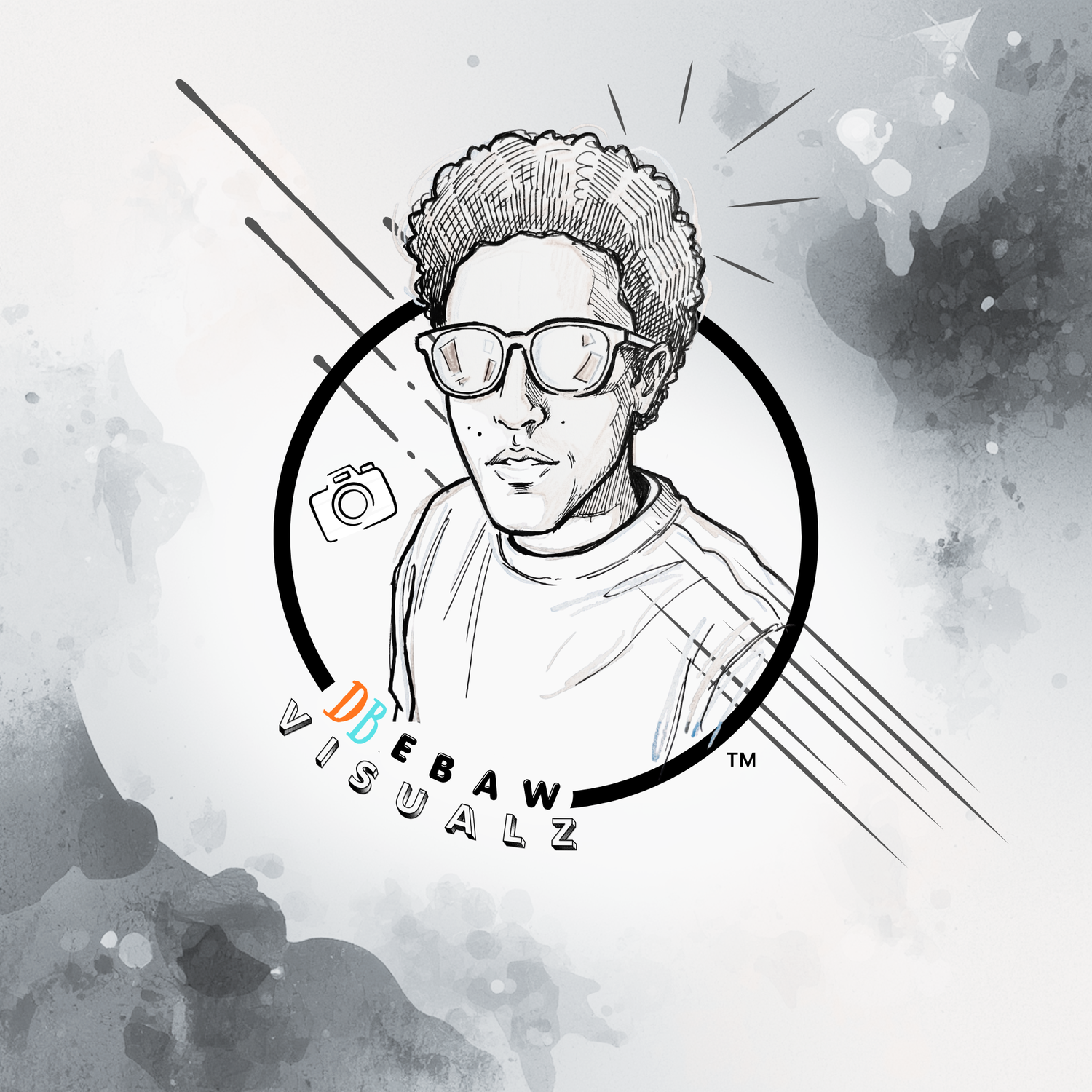 Sketch logo of a young man wearing sunglasses inside a circle with text reading Debaw Visualz on white background.