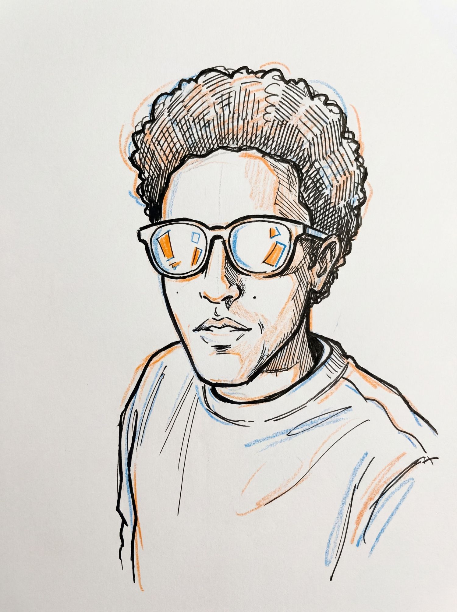 A series of minimalist ink and pencil sketches showing a figure wearing glasses in different poses and expressions.