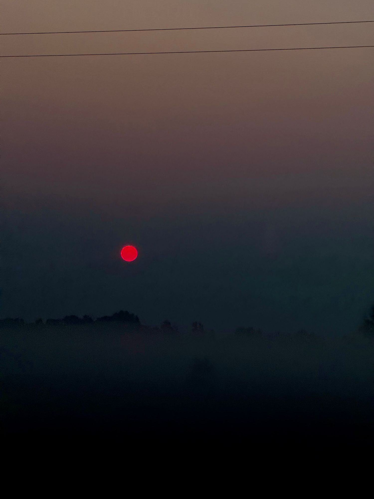 Dark silhouette of power lines against a dusky sky with a red sun on the horizon.