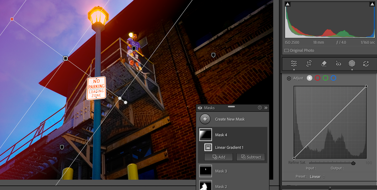 Digital art editing software interface showing a stylized urban scene with a figure on a fire escape at night.