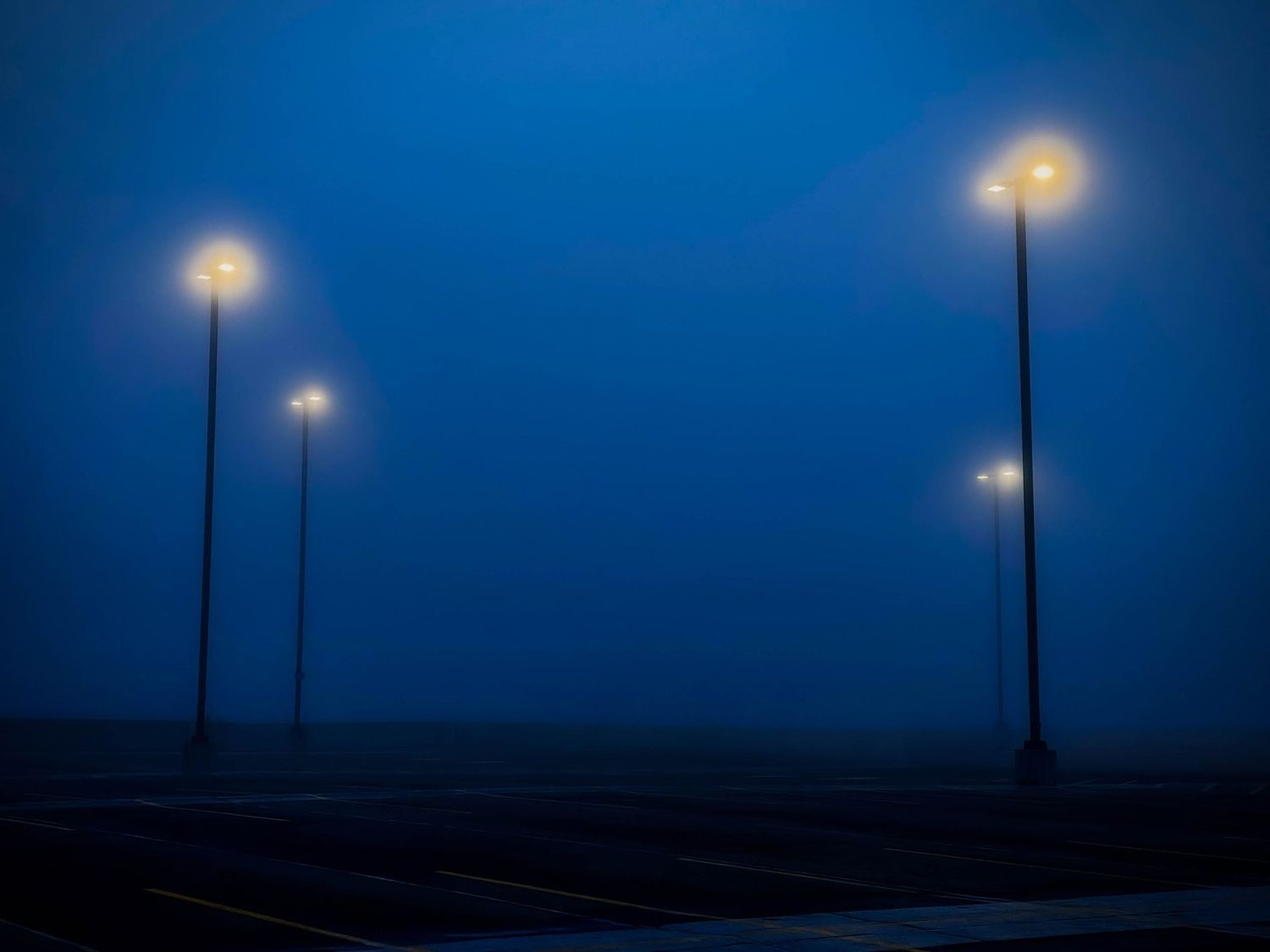 Street lights illuminate a deep blue twilight sky along an empty parking lot.