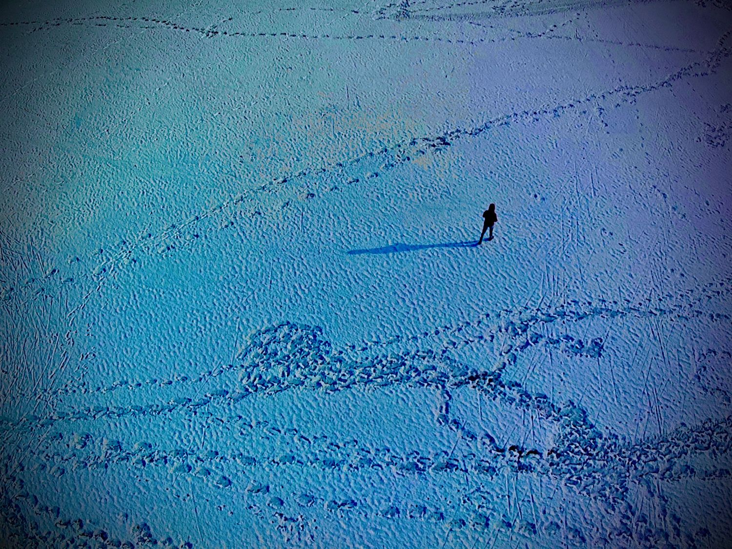 Aerial view of snowy landscape with a lone figure creating tracks in pristine white snow.