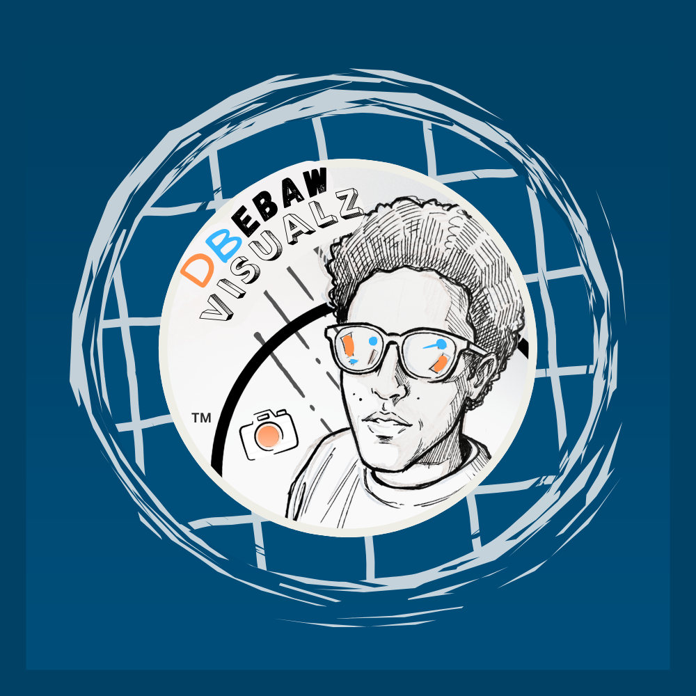DBebaw Visualz logo featuring a sketch portrait with reflective sunglasses on a blue globe background.