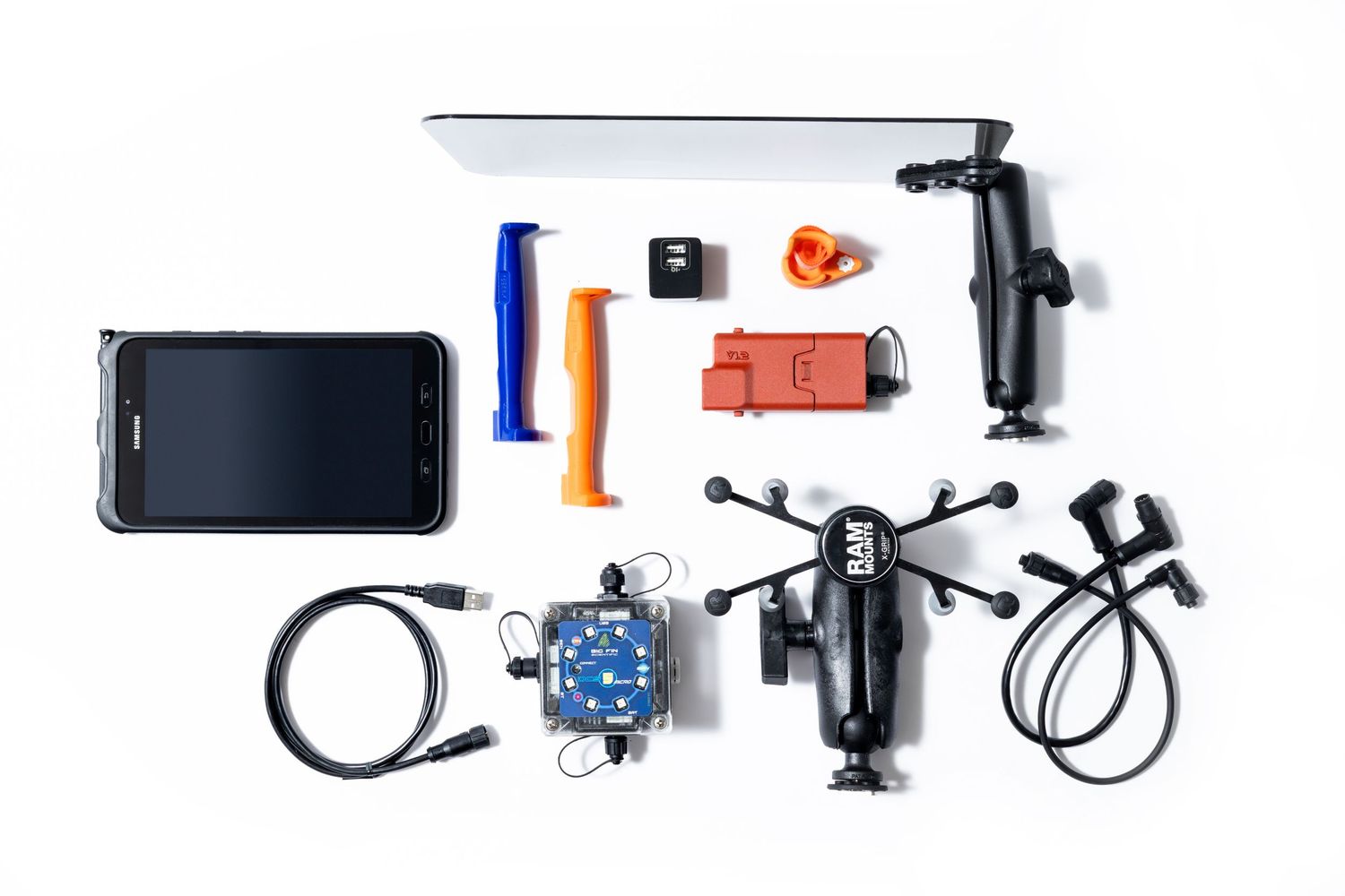 Arial view of tech parts on a white background