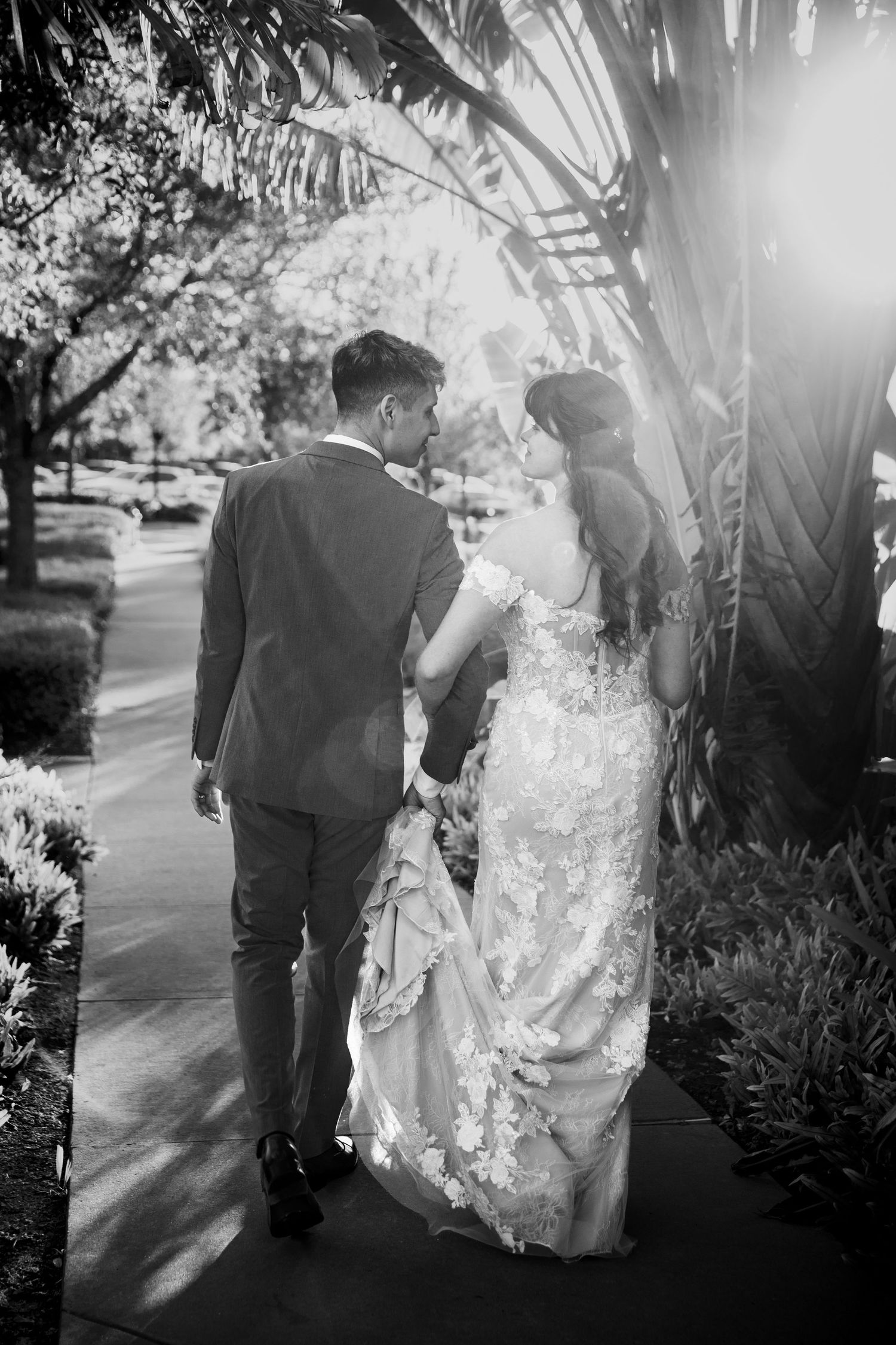 Black and white bride and groom portrait outdoors