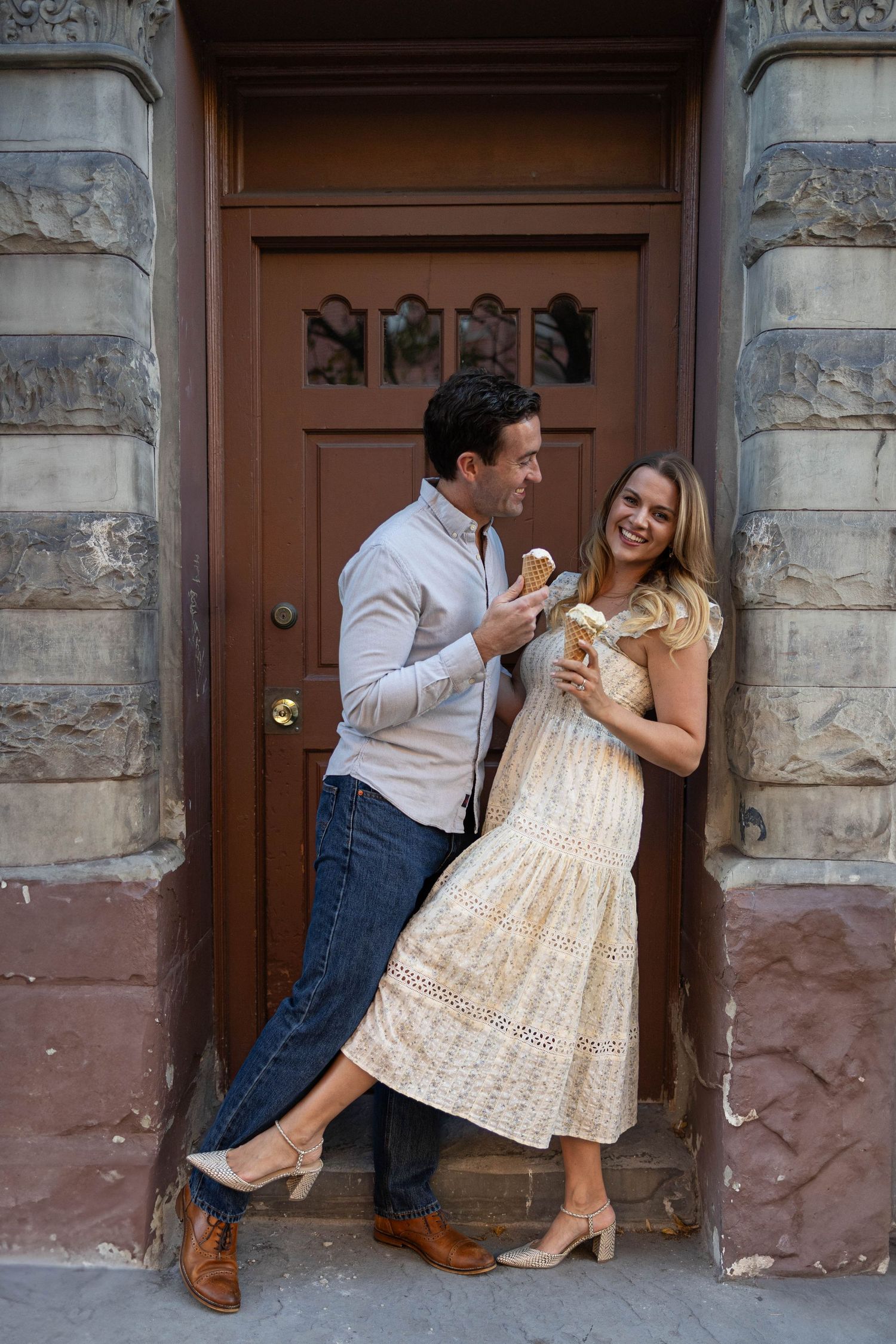 Couple enjoys ice cream at their favorite spot in Hoboken, New Jersey.