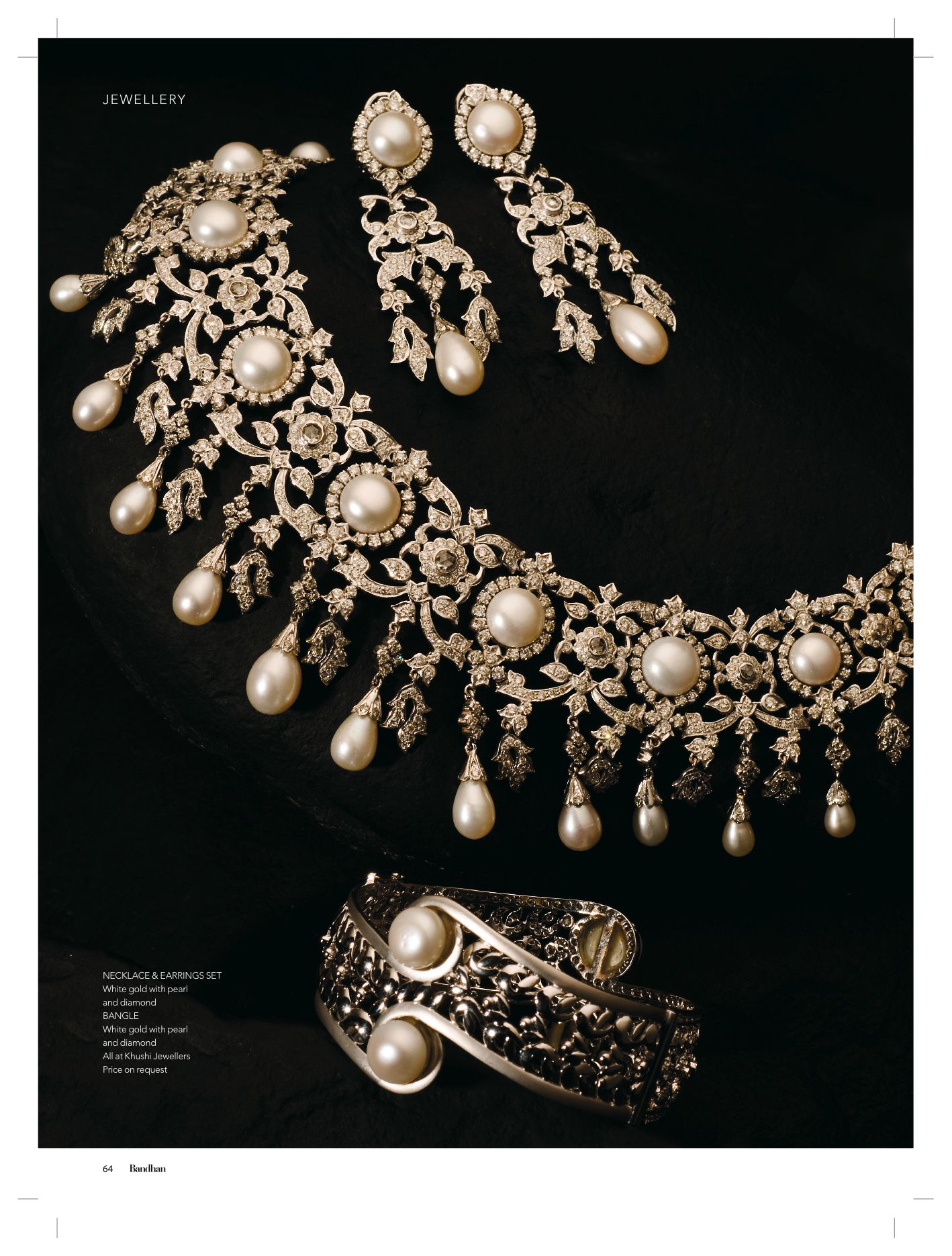 Ornate pearl and diamond necklace photographed against black background showing intricate details. Product Photography in Ontario