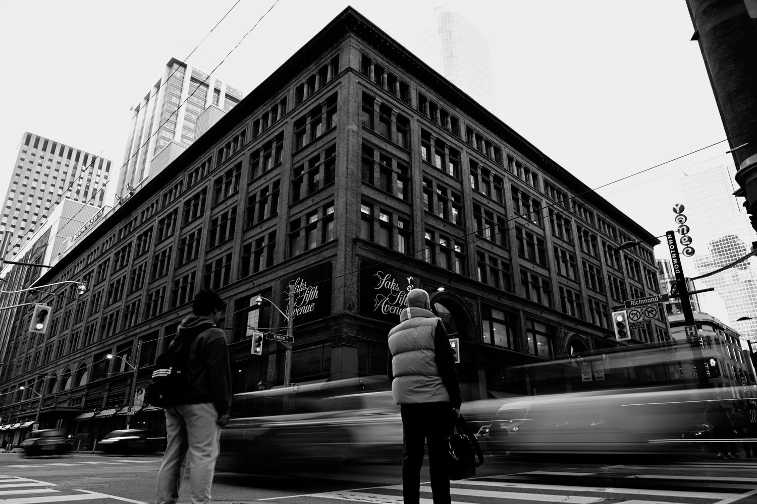 Wide angle urban street view with tall buildings and dramatic perspective. Toronto Ontario Canada