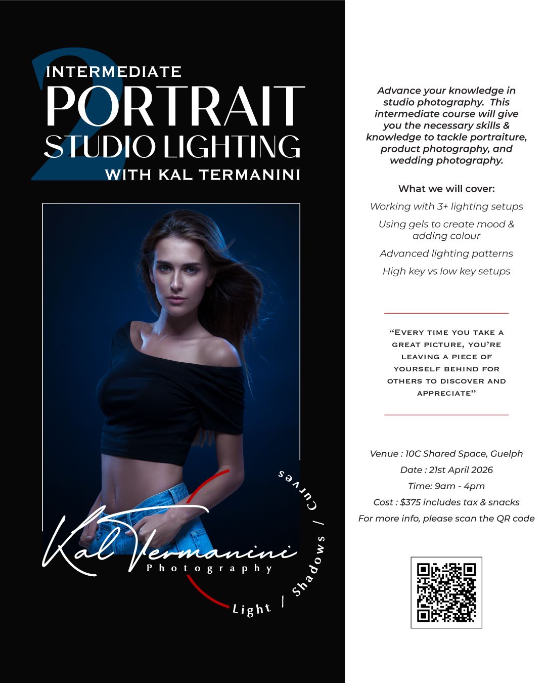 Portrait photography course advertisement featuring dramatic studio lighting.