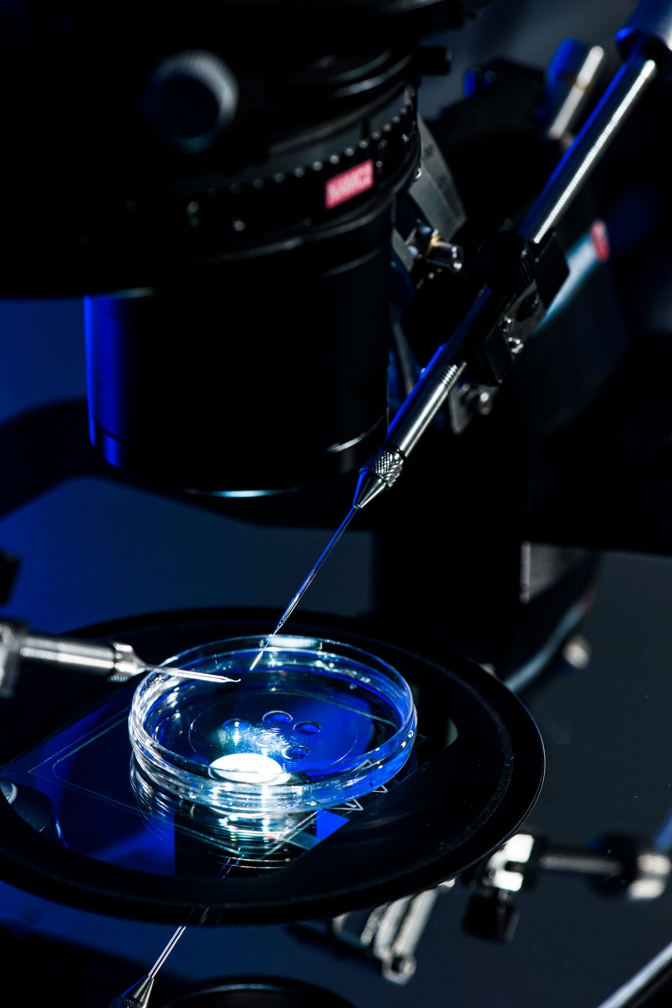Close-up of microscope lens system with blue illumination in laboratory setting. Commercial Photographer in Guelph Ontario