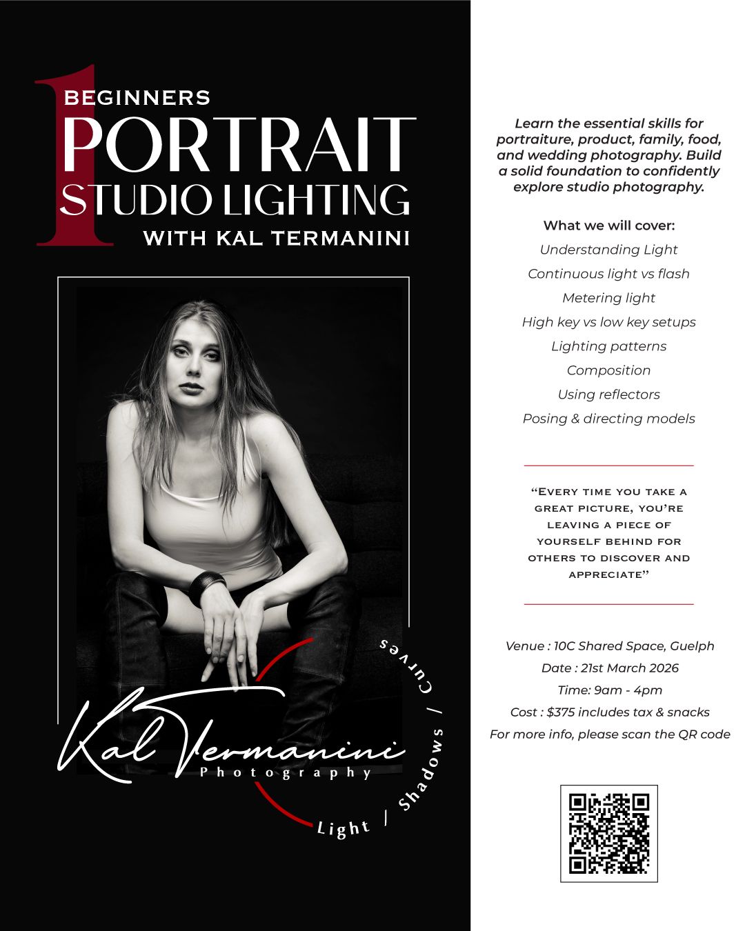 Studio lighting workshop promotional materials featuring portrait photography techniques and course details.
