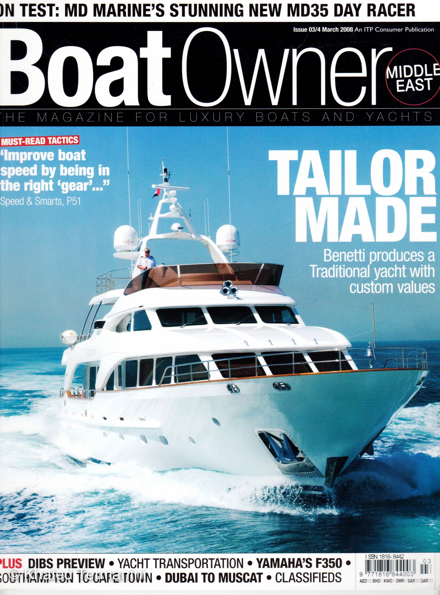 Magazine covers of Boat Owner featuring luxury yachts and motorboats against blue ocean backgrounds.