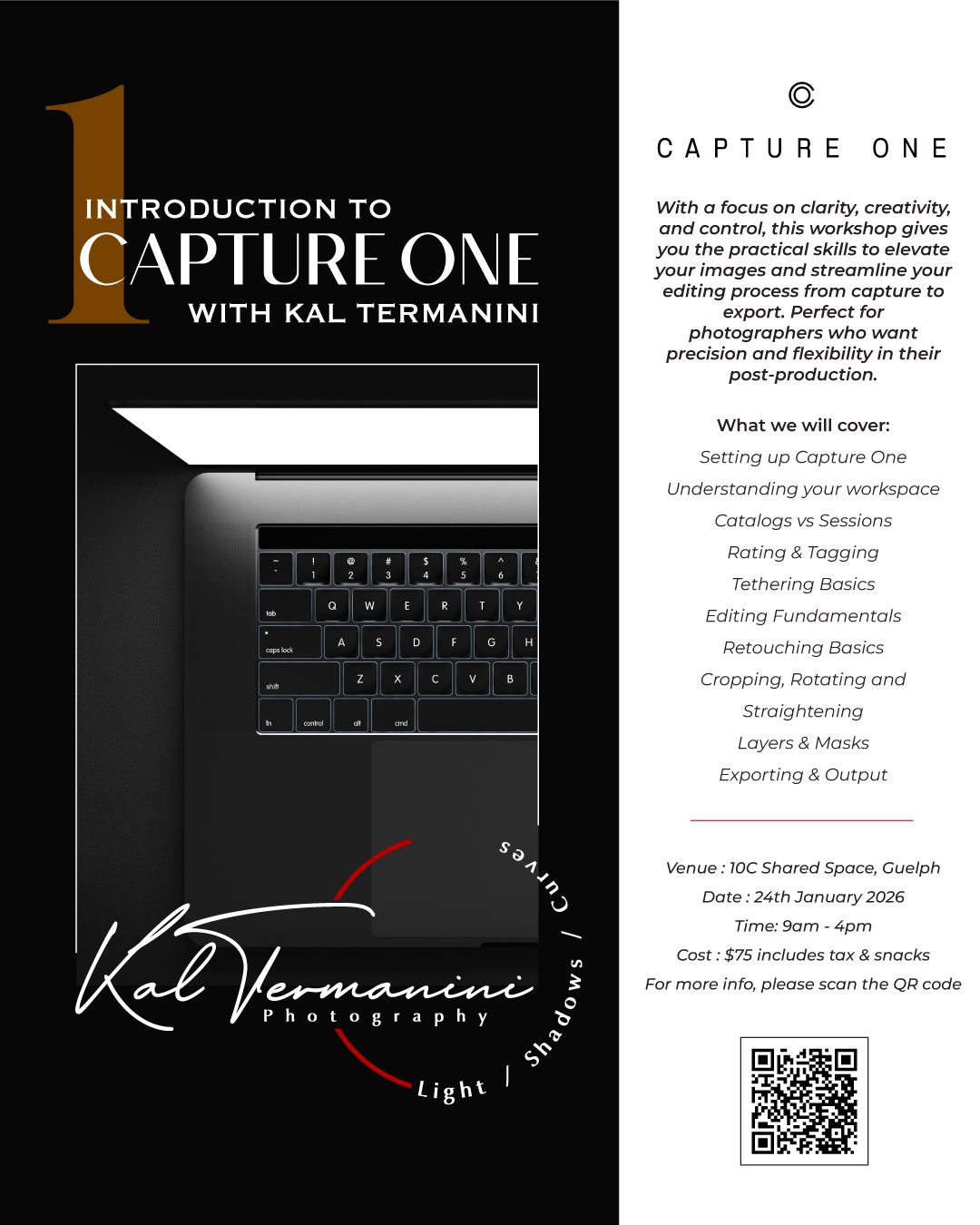 Photography workshop promotional banners with black background and camera settings information.
