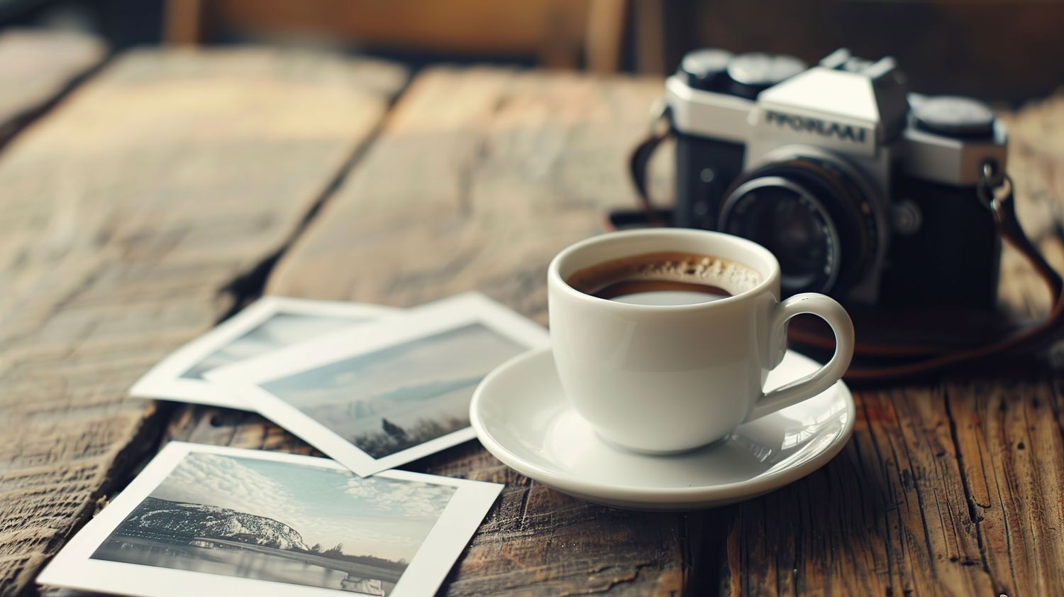 Coffee cup and vintage photographs arranged on rustic wooden table with warm lighting.