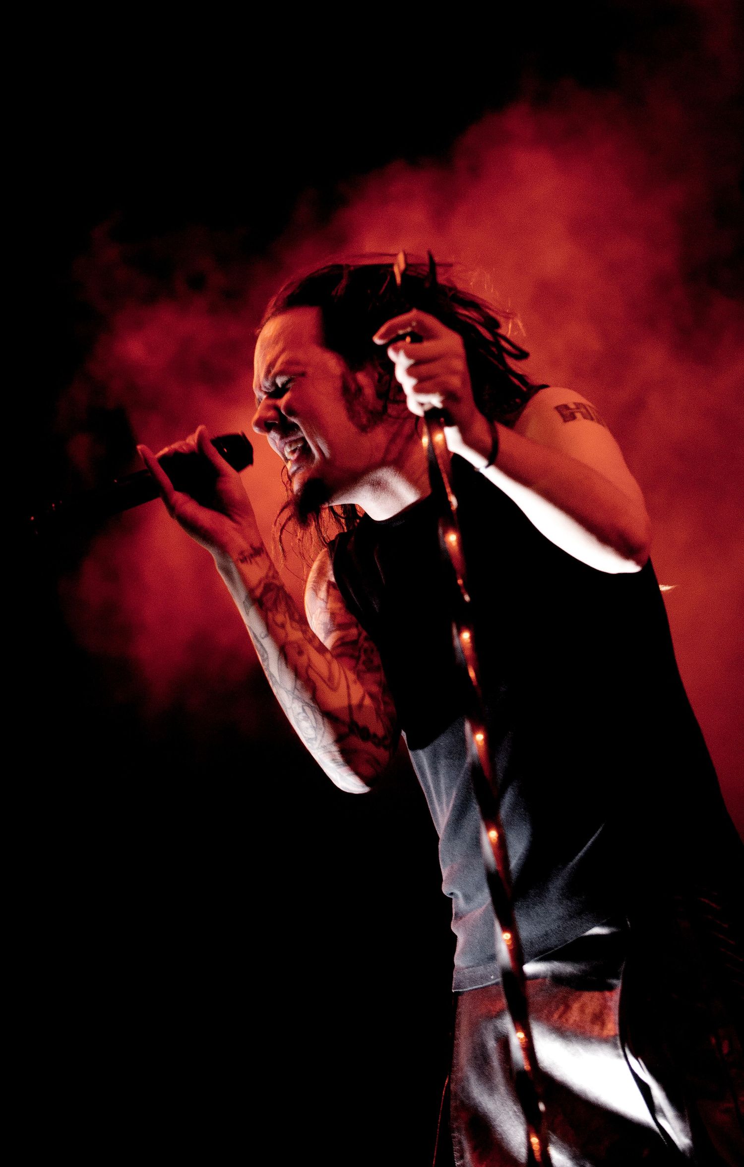 Energetic performance captured in silhouette against intense red stage lighting and smoke effects. Jonathan Davis From Korn