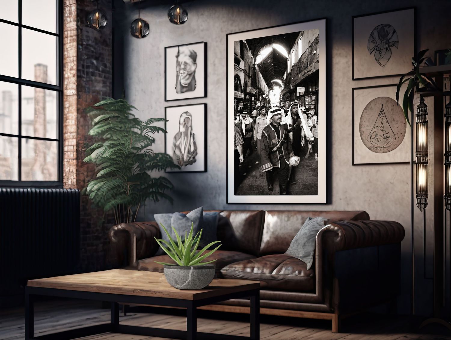 Modern dark interior design with black walls featuring framed artwork and indoor plants. Printing Services in Guelph, Kitchener, Waterloo an