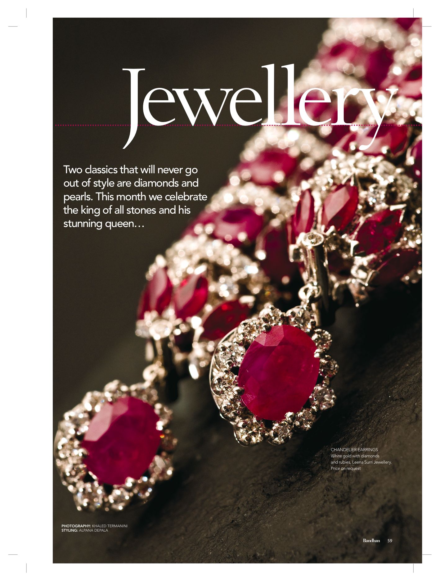 Close-up photographs of elegant ruby and diamond jewelry pieces against dark backgrounds. Editorial Photographer in Ontario, Canada