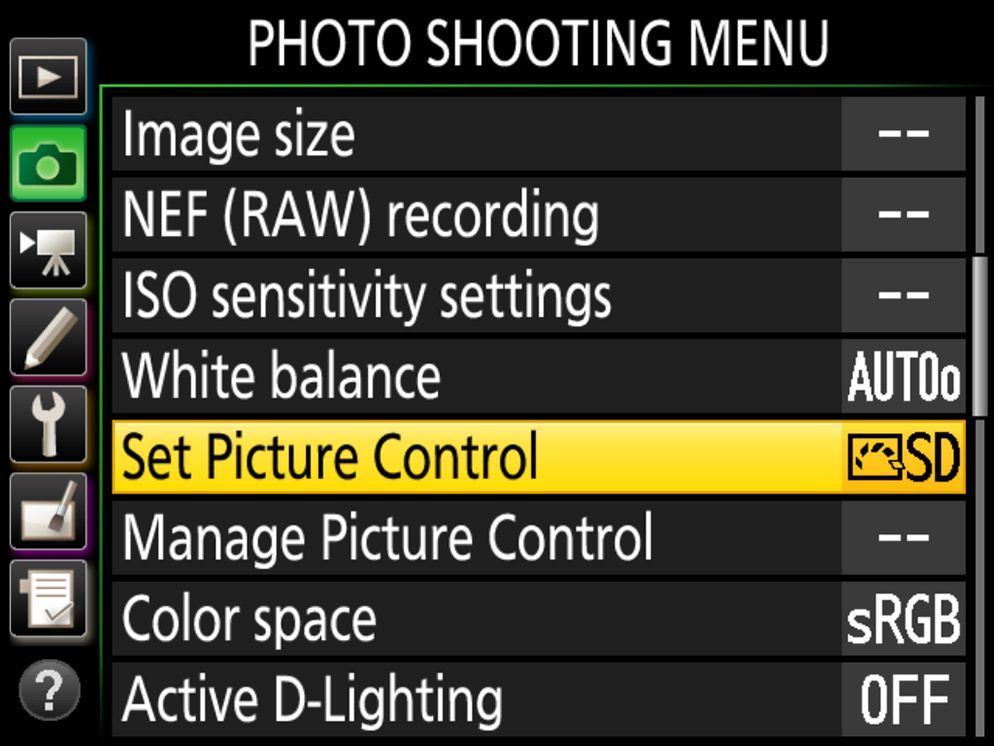 Camera menu interface showing settings for photo shooting, image size, and white balance options.
