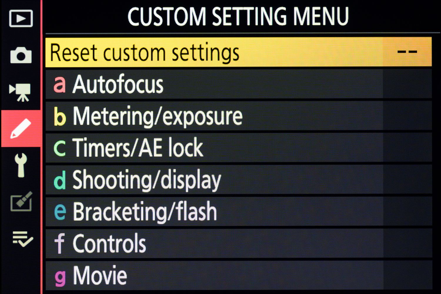 Camera menu screen displaying settings and reset options. Commercial Photographer in Guelph and surrounding areas