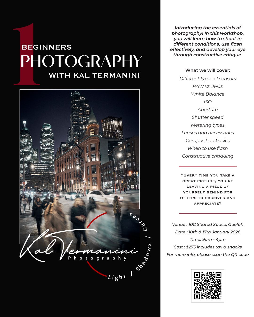 Beginner photography course banner with nighttime city scene.
