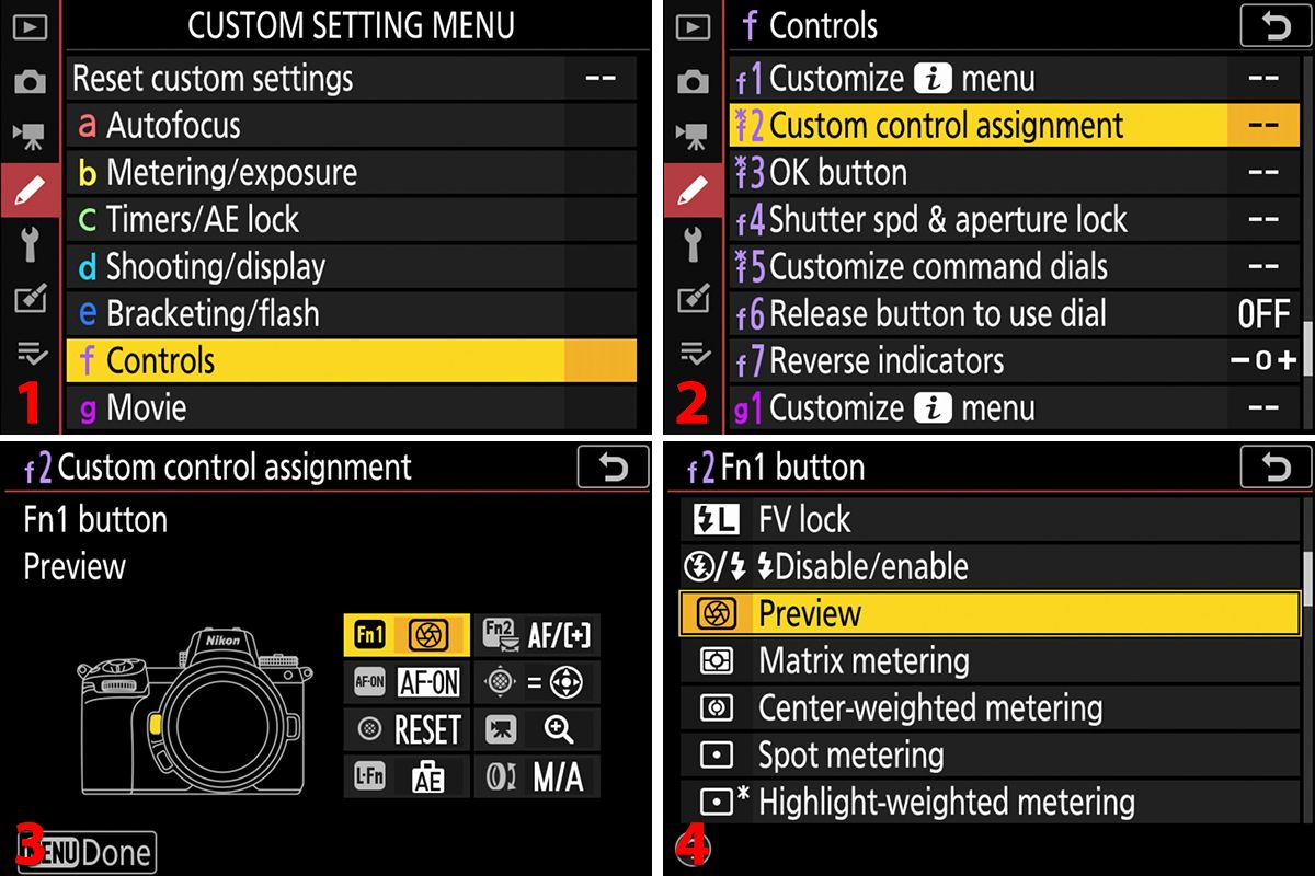 Digital camera custom settings menu interface showing various control options. Commercial Photographer in Guelph and surrounding areas